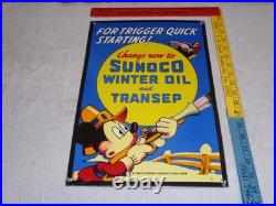 Vintage 1939 Sunoco Mickey Mouse Hunting 16 Porcelain Metal Gasoline & Oil Sign