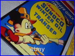 Vintage 1939 Sunoco Mickey Mouse Hunting 16 Porcelain Metal Gasoline & Oil Sign