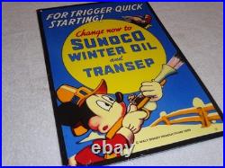 Vintage 1939 Sunoco Mickey Mouse Hunting 16 Porcelain Metal Gasoline & Oil Sign
