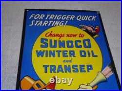 Vintage 1939 Sunoco Mickey Mouse Hunting 16 Porcelain Metal Gasoline & Oil Sign