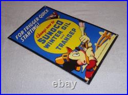 Vintage 1939 Sunoco Mickey Mouse Hunting 16 Porcelain Metal Gasoline & Oil Sign