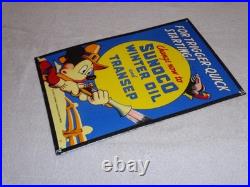 Vintage 1939 Sunoco Mickey Mouse Hunting 16 Porcelain Metal Gasoline & Oil Sign