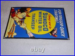 Vintage 1939 Sunoco Mickey Mouse Hunting 16 Porcelain Metal Gasoline & Oil Sign