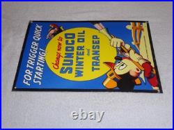 Vintage 1939 Sunoco Mickey Mouse Hunting 16 Porcelain Metal Gasoline & Oil Sign