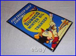 Vintage 1939 Sunoco Mickey Mouse Hunting 16 Porcelain Metal Gasoline & Oil Sign