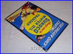 Vintage 1939 Sunoco Mickey Mouse Hunting 16 Porcelain Metal Gasoline & Oil Sign