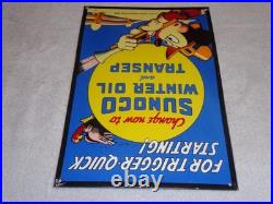 Vintage 1939 Sunoco Mickey Mouse Hunting 16 Porcelain Metal Gasoline & Oil Sign