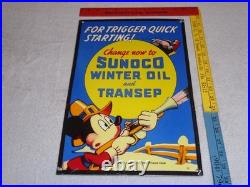 Vintage 1939 Sunoco Mickey Mouse Hunting 16 Porcelain Metal Gasoline & Oil Sign