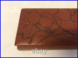 Vintage Antique Asian Red Lacquered Rectangle Box with Flowers Decoration