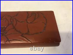 Vintage Antique Asian Red Lacquered Rectangle Box with Flowers Decoration