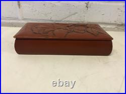 Vintage Antique Asian Red Lacquered Rectangle Box with Flowers Decoration