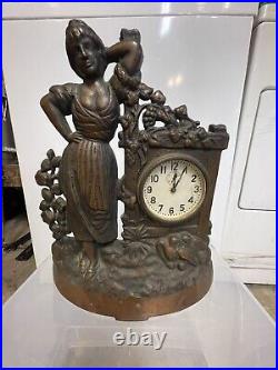 Vintage Antique Bronze Brass Sculpture Figurine Woman & Clock Collectible Art