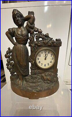 Vintage Antique Bronze Brass Sculpture Figurine Woman & Clock Collectible Art