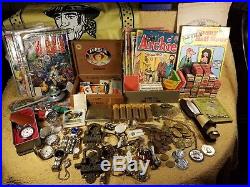 Vintage Antique Junk Drawer Lot of 120+Items, Coins, Watches, Knife, Comics, Tubes