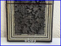 Vintage Antique Southeast Asian Carved Wood Card Holder with Animal & Bird Dec