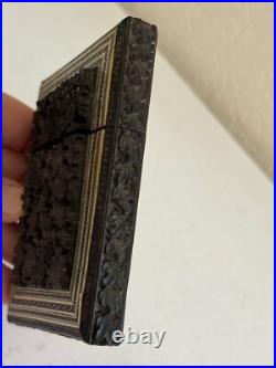 Vintage Antique Southeast Asian Carved Wood Card Holder with Animal & Bird Dec