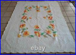 Vintage Applique Quilt Yellow Floral Poppies Dense Hand Quilting Stitched Full