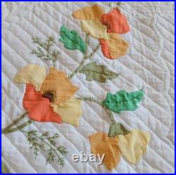Vintage Applique Quilt Yellow Floral Poppies Dense Hand Quilting Stitched Full