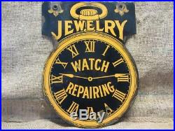 Vintage Double Sided Porcelain Watch Repair Jewery Sign Antique RARE Heavy 9875