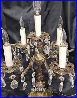 Vintage Electric Brass Table Candelabra Ornate Crystal 5 Light 35 Prisms Antique