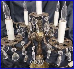 Vintage Electric Brass Table Candelabra Ornate Crystal 5 Light 35 Prisms Antique