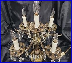 Vintage Electric Brass Table Candelabra Ornate Crystal 5 Light 35 Prisms Antique