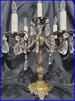 Vintage Electric Brass Table Candelabra Ornate Crystal 5 Light 35 Prisms Antique