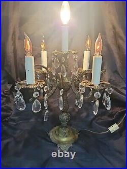 Vintage Electric Brass Table Candelabra Ornate Crystal 5 Light 35 Prisms Antique