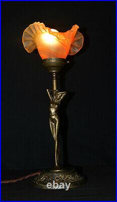 Vintage French 1940s art deco bronze figural lamp nude female Vienne shade