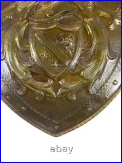 Vintage French Repoussé Copper Heraldic Shield Coat of Arms Wall Plaque
