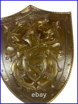 Vintage French Repoussé Copper Heraldic Shield Coat of Arms Wall Plaque