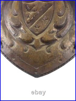 Vintage French Repoussé Copper Heraldic Shield Coat of Arms Wall Plaque