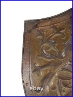 Vintage French Repoussé Copper Heraldic Shield Coat of Arms Wall Plaque