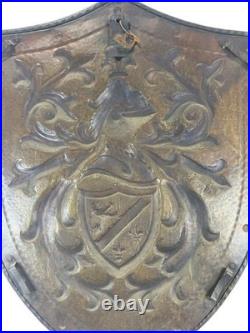 Vintage French Repoussé Copper Heraldic Shield Coat of Arms Wall Plaque