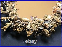 Vintage LARGE DRESDEN MIRROR Brass HOLIDAY WREATH 64 Animals Antique Bow Metal