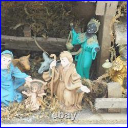 Vintage Nativity Resin Plastic Figures Christmas with Wood Manger