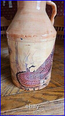 Vintage Painted Milk Dairy Jug Quail and Grouse Antique Artisan Rare Container