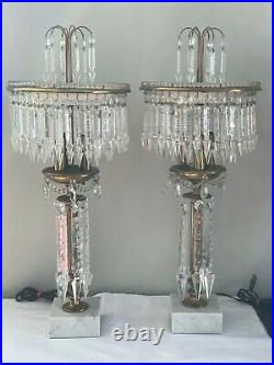 Vintage Pair Crystal Brass Beaded Chandelier Lamp Candelabra Marble Girandoles