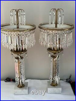 Vintage Pair Crystal Brass Beaded Chandelier Lamp Candelabra Marble Girandoles