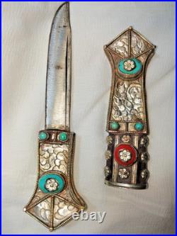 Vintage Tibetan Dagger Knife Ornate Sheath Turquoise Coral Style Collectible