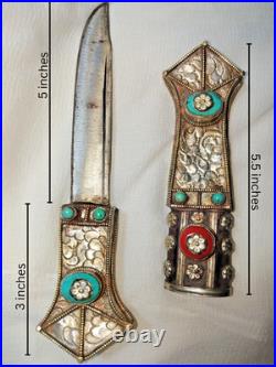 Vintage Tibetan Dagger Knife Ornate Sheath Turquoise Coral Style Collectible