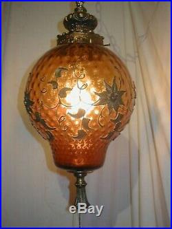 Vtg MCM Hollywood Regency Amber Glass Hanging Swag Lamp Light Carl Falkenstein