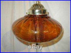 Vtg MCM Hollywood Regency Amber Glass Hanging Swag Lamp Light Flying Saucer Ufo