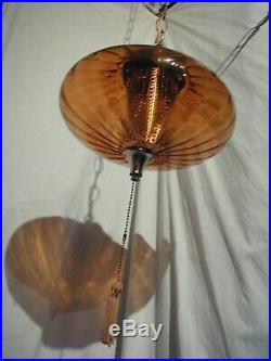 Vtg MCM Hollywood Regency Amber Glass Hanging Swag Lamp Light Flying Saucer Ufo