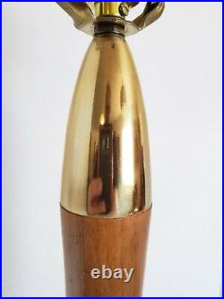 Vtg Mid Century Modern wood & Brass Atomic Rocket Table Lamp 27